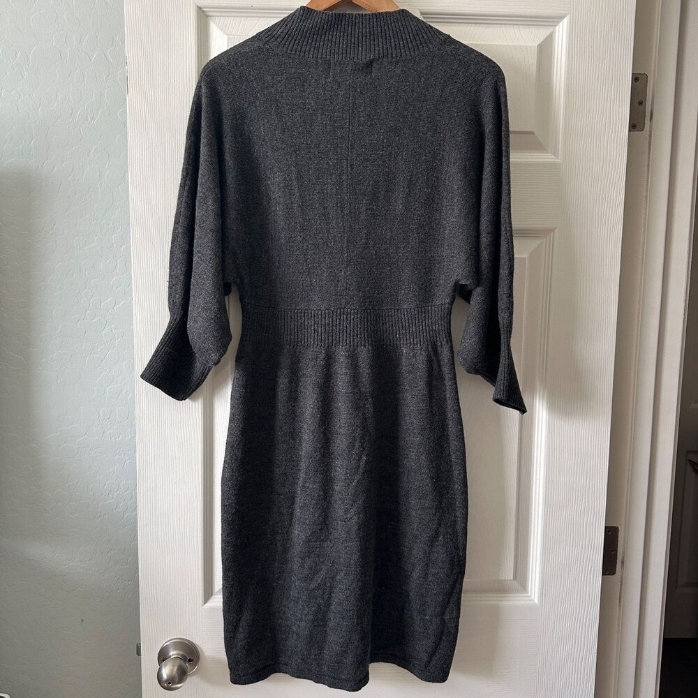 Charcoal Gray Knit Sweater Dress Women Medium V Neck 3/4 Sleeve Business Casual - Picture 2 of 5